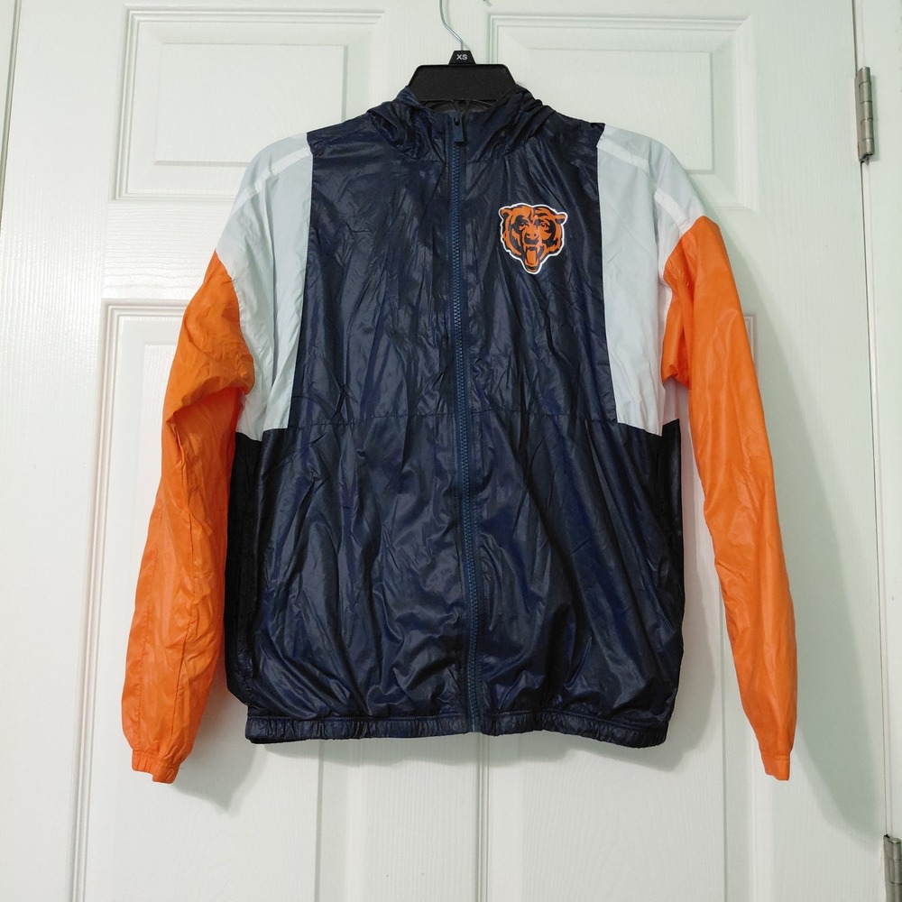 NFL Team Apparel Chicago Bears Youth Windbreaker Jacket Navy Orange Size M 10/12